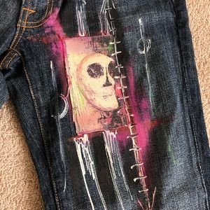 Hand-Painted Dark Wash Women’s Jeans with Pink Accent